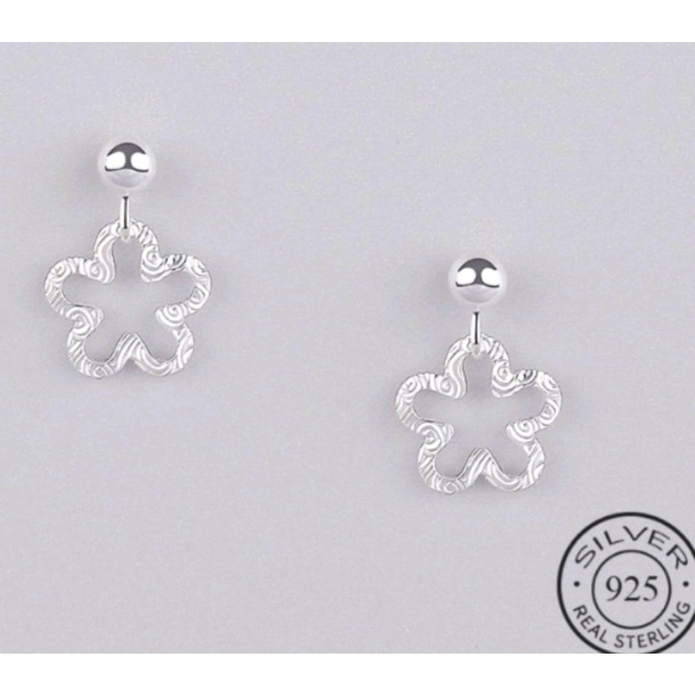 White Gold Plated S925‎ Flower Cutout Dangle Earrings, 12.3mm